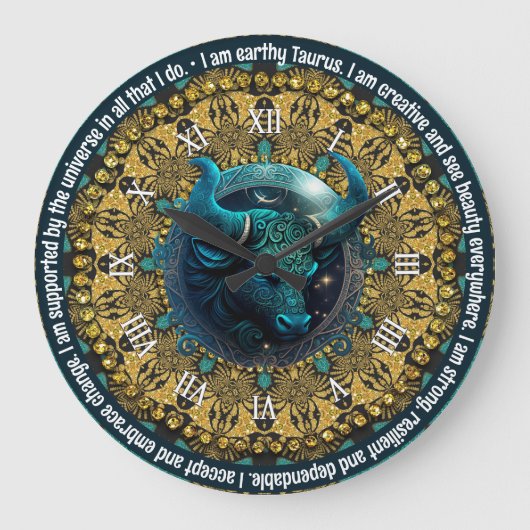 Grande Horloge Ronde Turquoise+Gold Astrologie Affirmations Taurus Zodi (Recto)