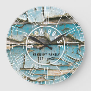 Grande Horloge Ronde Turquoise Peeling Wood Beach House chiffres romain