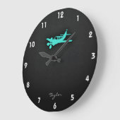 Grande Horloge Ronde Turquoise ; Petit avion de vert bleu (Angle)