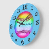 Grande Horloge Ronde Turquoise Softball Clock, YOUR NAME (Angle)