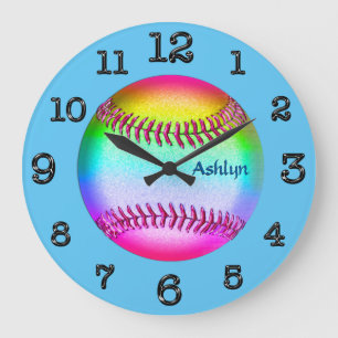 Grande Horloge Ronde Turquoise Softball Clock, YOUR NAME