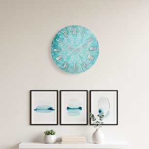 Grande Horloge Ronde Turquoise Turquoise Classique Baroque Élégant 
