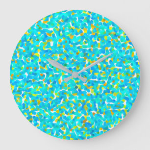 Grande Horloge Ronde Turquoise Vert Bleu Jaune Abstrait Motif