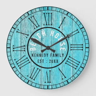 Grande Horloge Ronde Turquoise Wood Beach House Chiffres romains noirs