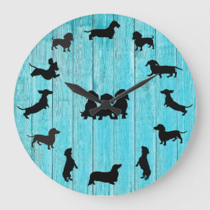 Grande Horloge Ronde Turquoise Wooden Dachshund Silhouette Wall Clock