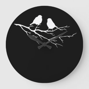 Grande Horloge Ronde Two Little Bird Black and White Sparrows, Nature