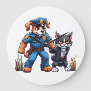 Grande Horloge Ronde un chien de police et un chat méchant - humour