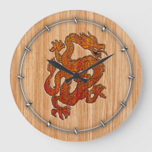 Grande Horloge Ronde Un dragon rouge sur Bambou comme