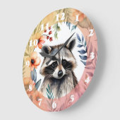 Grande Horloge Ronde Un joli raton laveur parmi les fleurs (Angle)