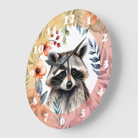 Grande Horloge Ronde Un joli raton laveur parmi les fleurs (Angle)