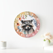 Grande Horloge Ronde Un joli raton laveur parmi les fleurs (Maison)
