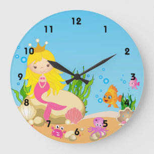 Grande Horloge Ronde Under the Sea Blonde Mermaid Wall Clocks
