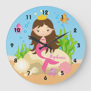 Grande Horloge Ronde Under the Sea Cute Brunette Mermaid Custom
