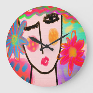 Grande Horloge Ronde Une femme aux fleurs, un art Abstrait funky