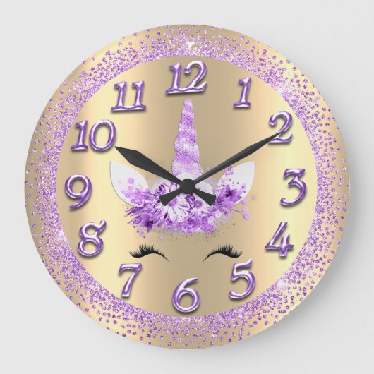 Grande Horloge Ronde Unicorn Face Numbers Girly Glitter Spark (Recto)