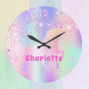 Grande Horloge Ronde Unicorn rose violet nom de la parties scintillant