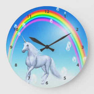 Grande Horloge Ronde Unicorne, arc-en-ciel et bulles