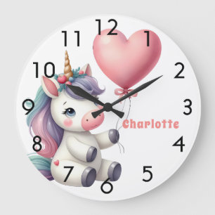 Grande Horloge Ronde Unicorne bébé rose violet fille