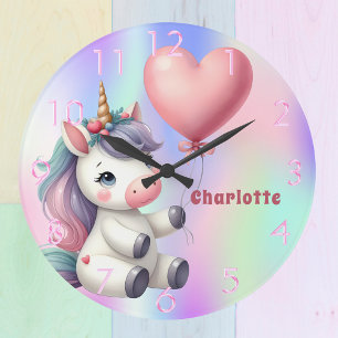 Grande Horloge Ronde Unicorne bébé rose violet holographique