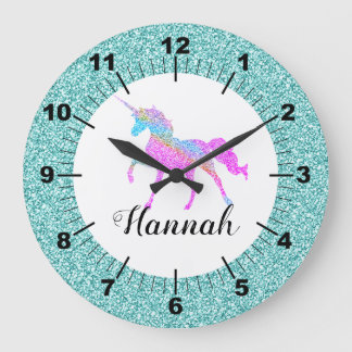 Grande Horloge Ronde Unicorne colorée personnalisée