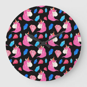 Grande Horloge Ronde Unicorne, cristaux : magique motif aquarelle.