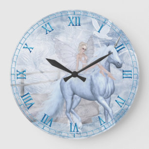 Grande Horloge Ronde Unicorne de glace et Féerie cadenas