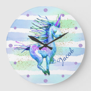 Grande Horloge Ronde Unicorne Magique Aquarelle Bleu