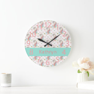 Grande Horloge Ronde Unicorne rose Turquoise jaune coloré