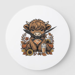 Grande Horloge Ronde Vache des Highlands d'automne Art de ferme vintage