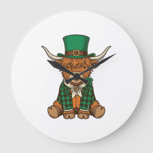 Grande Horloge Ronde Vache des Highlands mignonne chemise vintage trèfl