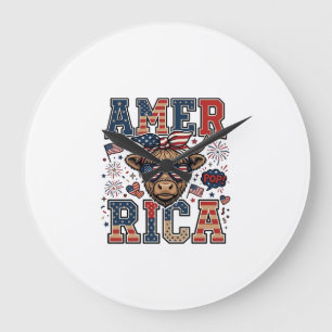 Grande Horloge Ronde Vache écossaise patriotique Amérique Chemise 4 jui