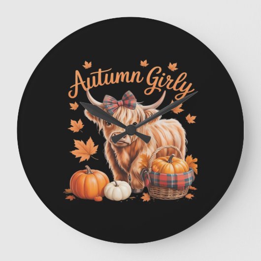 Grande Horloge Ronde Vache Highland Chute Automne Fille Thanksgiving C (Recto)