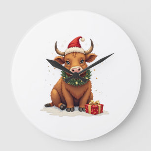 Grande Horloge Ronde Vache Highland Noël Vintage avec Cadeaux Mignonne