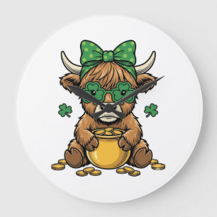 Grande Horloge Ronde Vache Highland St Patrick Pot d'or Art Vintage_1