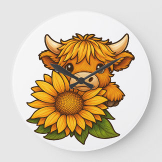 Grande Horloge Ronde Vache mignonne et tournesol