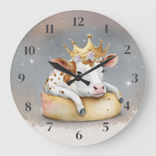 Grande Horloge Ronde Vache royale rêvant sur un trône de fromage