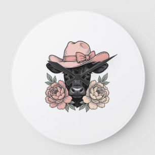 Grande Horloge Ronde Vachette Cowgirl Rose avec Pivoines Vintage Vector
