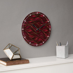 Grande Horloge Ronde Vagues de marbre rouge burgundy élégantes avec acc