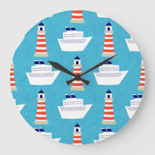 Grande Horloge Ronde Vagues nautiques : Motif de croiseur de phare.