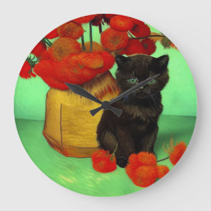 Grande Horloge Ronde Van Gogh Black Kitten Fleurs rouges