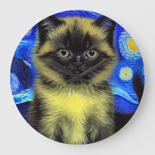 Grande Horloge Ronde Van Gogh Starry Nuit Siamese Cat