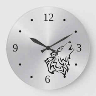Grande Horloge Ronde Vecteur de tatouage tribal Wolf noir