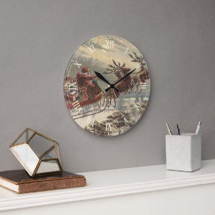 Grande Horloge Ronde Veille de Noël vintage Santa Claus victorien traîn