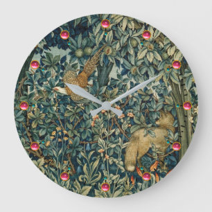 Grande Horloge Ronde VERDURE, ANIMAUX faisan, Fox, floral vert de FORÊ