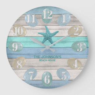Grande Horloge Ronde Verre de mer et bois de plage Nautique - Turquoise