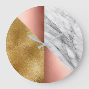 Grande Horloge Ronde Verre rose blanc en marbre gris de Carrare d'or