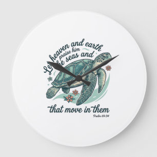 Grande Horloge Ronde Verset de la Bible Tortue de Mer Dessin de Gravure