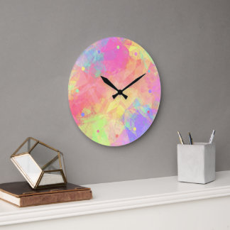 Grande Horloge Ronde Vert lime rose violet bleu motif artistique polygo