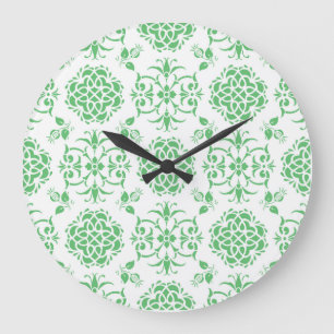 Grande Horloge Ronde Vert menthe et motif floral de style damas blanc