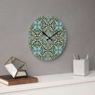 Grande Horloge Ronde Vert Menthe Turquoise Hippy Bohème Motif Artistiqu